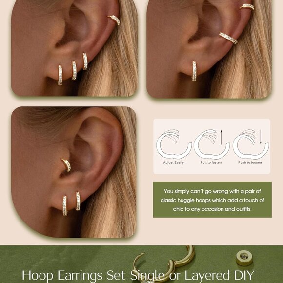 Dainty 14K Gold Plated Huggie Hoops - Lightweight Multiple Piercing Earrings Set - Picture 3 of 6